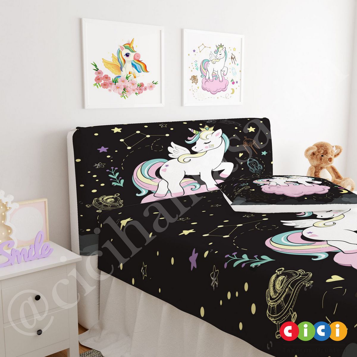 Pembe Bulut Üstünde Unicorn 631 Çocuk Odası Perdesi