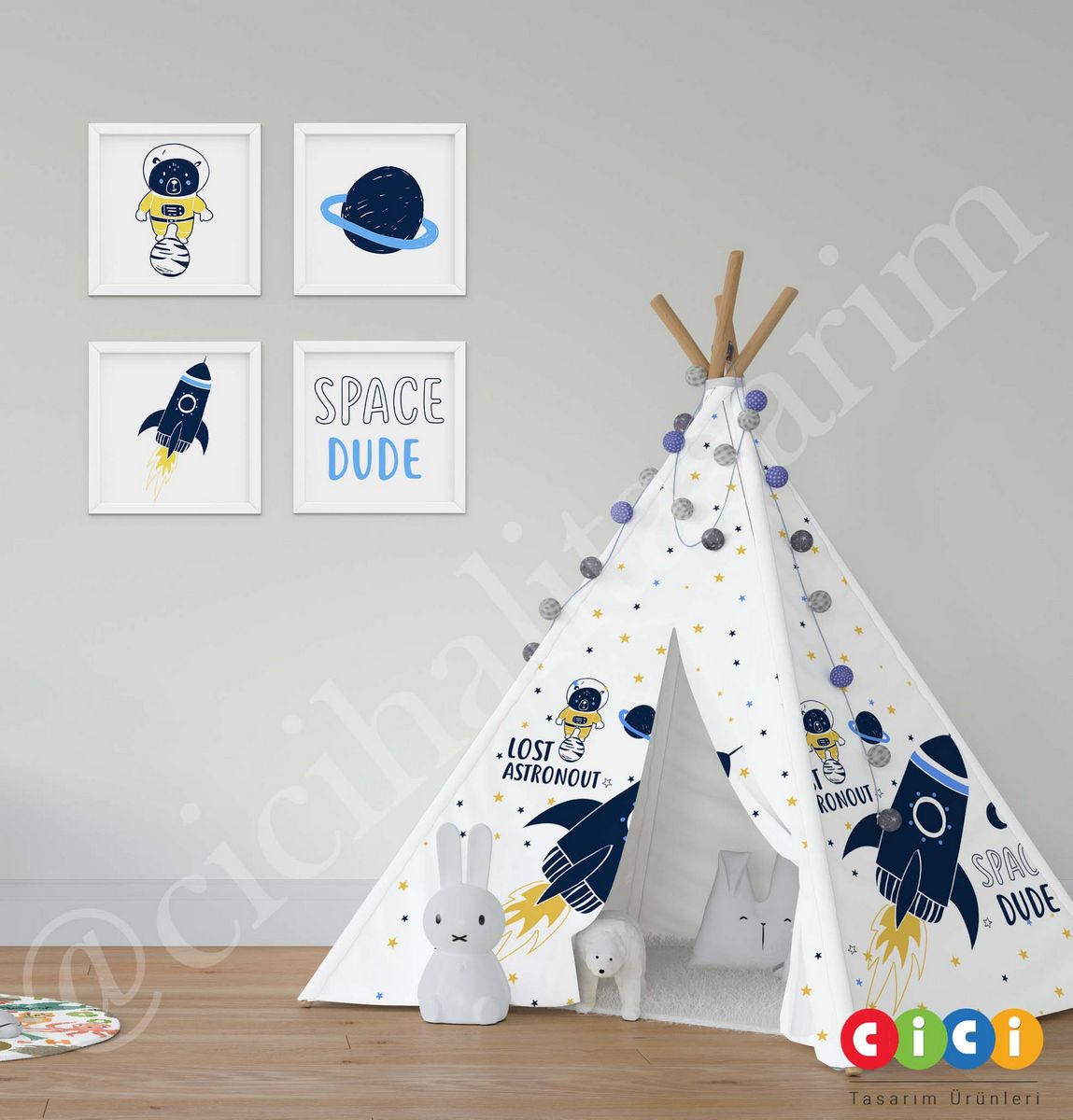 Space Roket Astronot Ayıcık ve Gezegenler Uzay 360 Nevresim