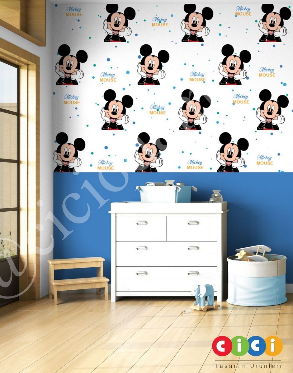 Mickey Mouse ve Mavi Puantiyeler Çocuk Odası Duvar Kağıdı