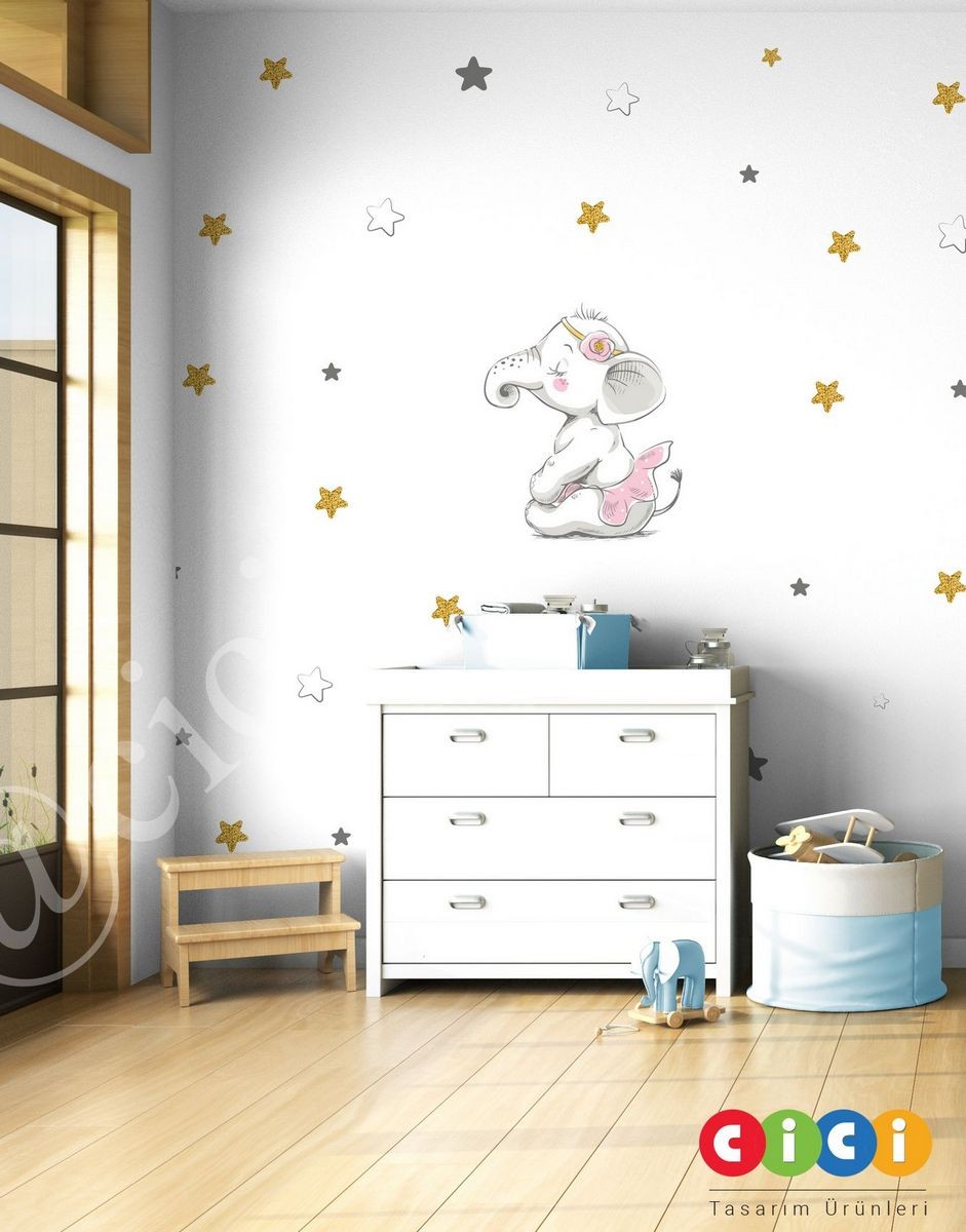 Little Star Oturan Fil ve Yıldızlar Çocuk Odası Duvar Kağıdı