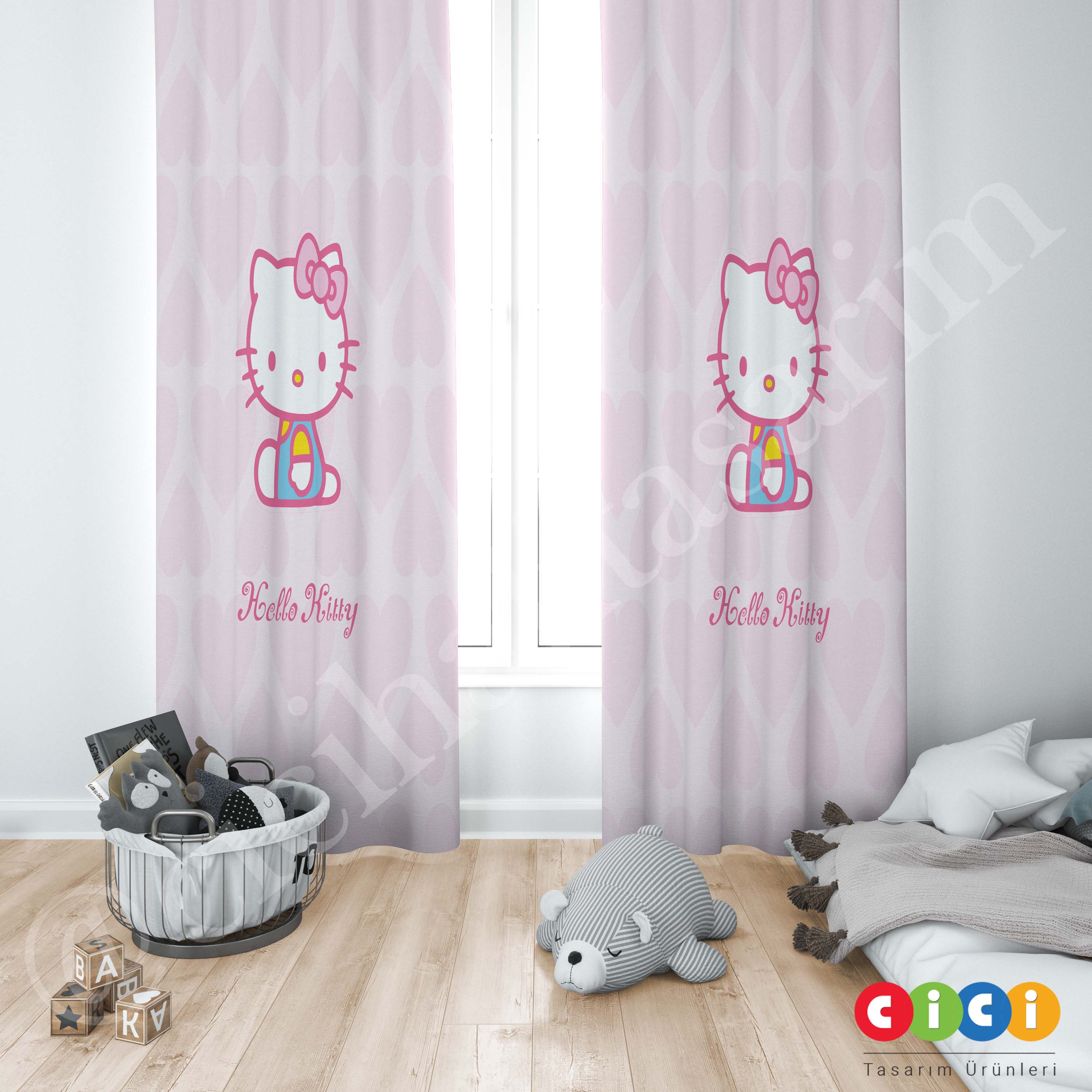 Hello Kitty ve Kalpler Çocuk Odası Perdesi