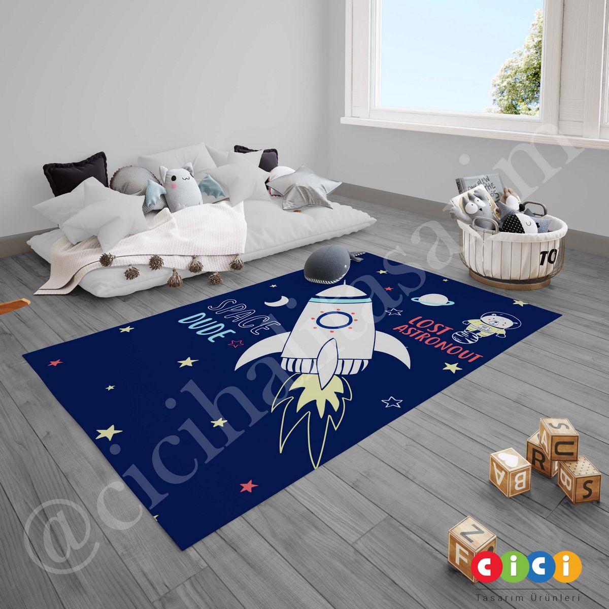 Space Roket Astronot Ayıcık ve Gezegenler Uzay 360 Lambader