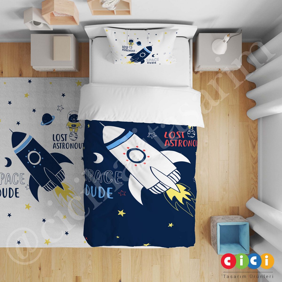 Space Roket Astronot Ayıcık ve Gezegenler Uzay 360 Nevresim